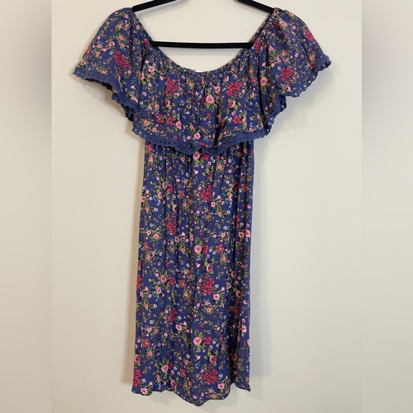 French Grey Womens Dress Size Small Blue Floral Open Back Eyelet Cottage Prairie - Picture 3 of 11